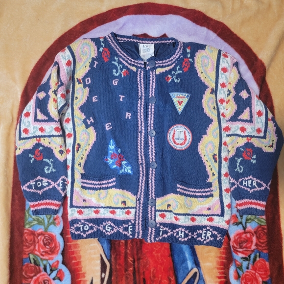 Vintage Sweater Cardigan Oversized Bohemian Colligate Style Blue Pink Yellow M - Picture 11 of 12